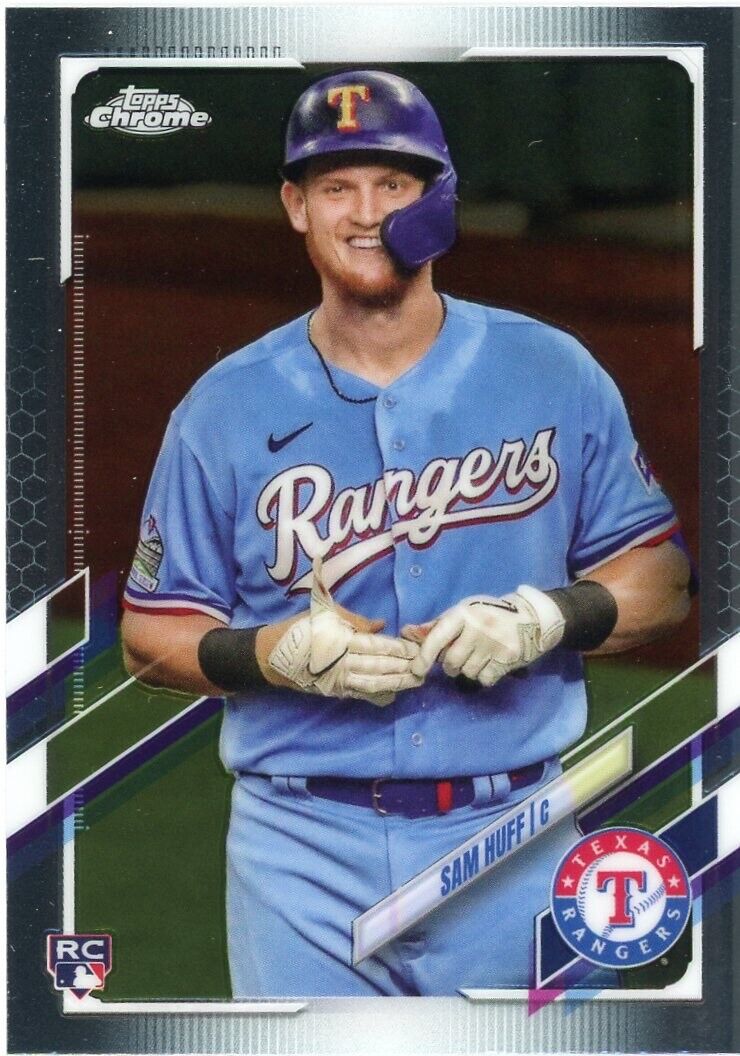 Baseball card of Sam Huff in light blue uniform, Topps Chrome Texas Rangers collectible