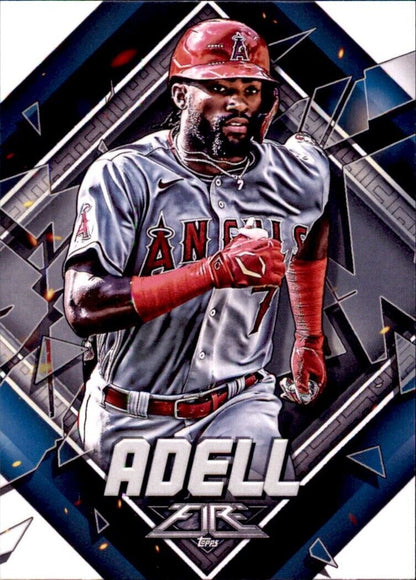 Baseball player in Anaheim Angels gray uniform and red gloves showcasing Adell Los Angeles