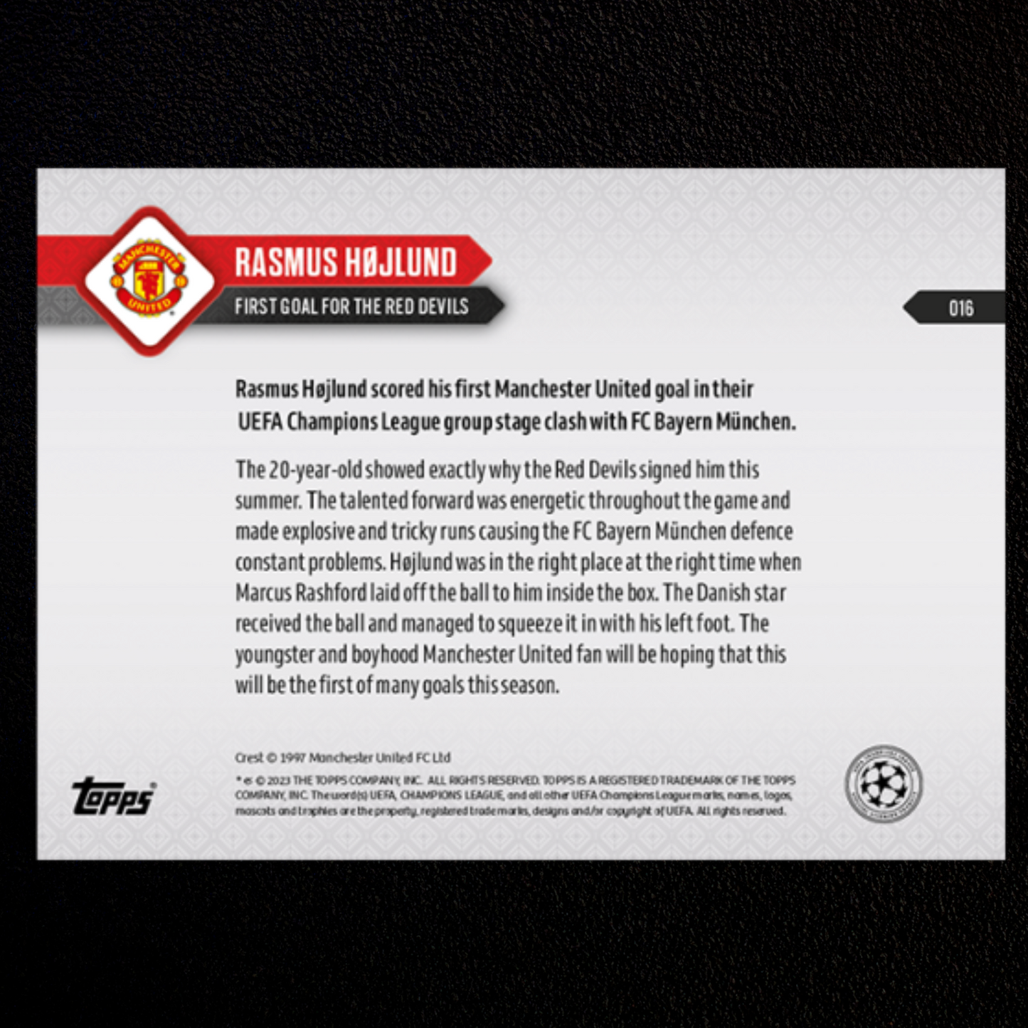 Rasmus Højlund First Goal for the Red Devils UCL Topps Now card featuring match details