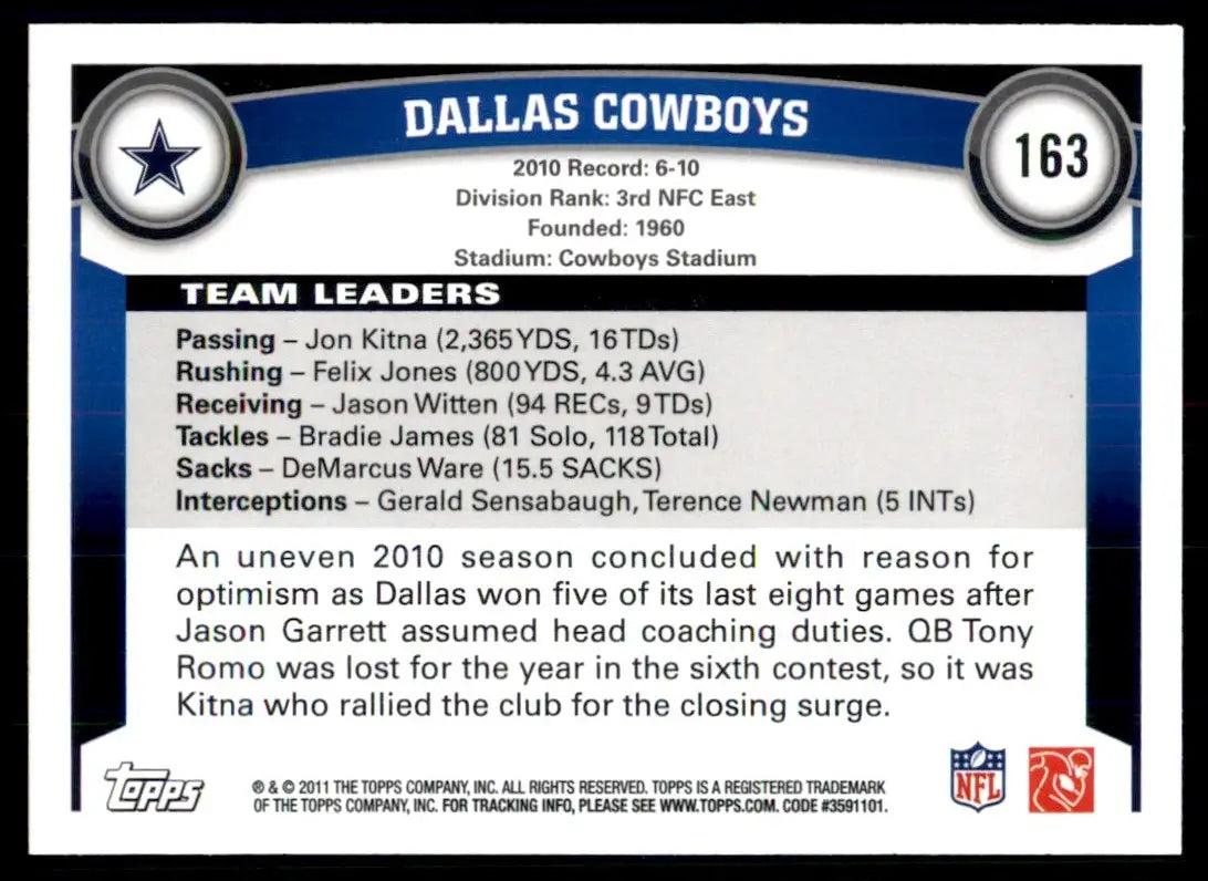 2011 Topps Dallas Cowboys Team Dallas Cowboys #163