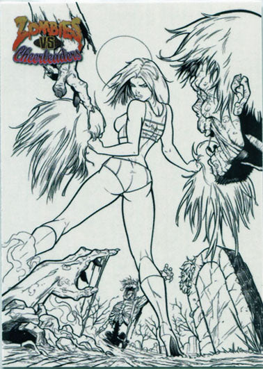 Scantily-clad woman sketch with fantastical creatures on Zombies vs Cheerleaders promo card