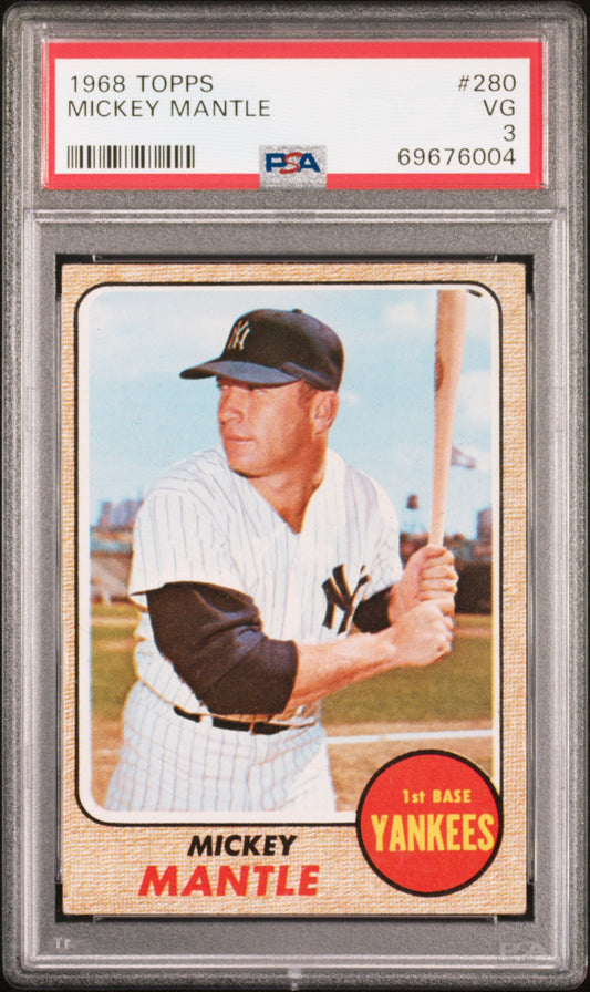 PSA-graded 1968 Topps Mickey Mantle baseball card #280 in protective holder for trading cards