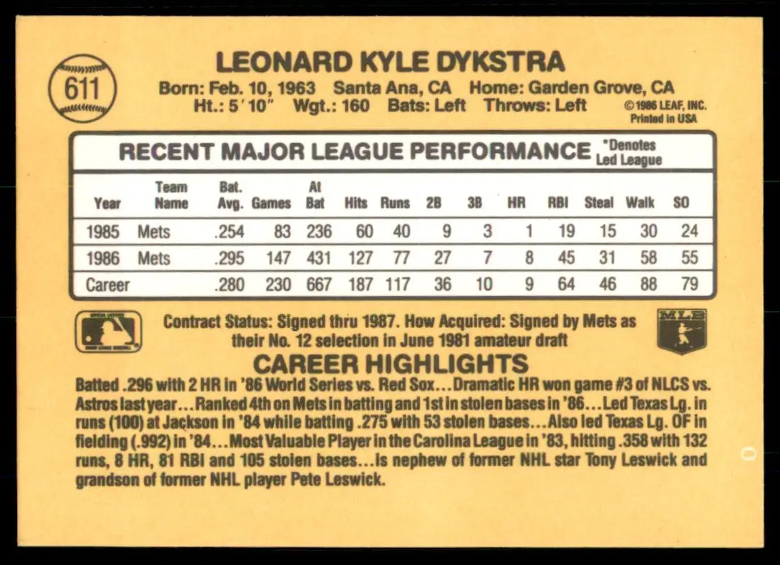 1987 Donruss Len Dykstra New York Mets #611