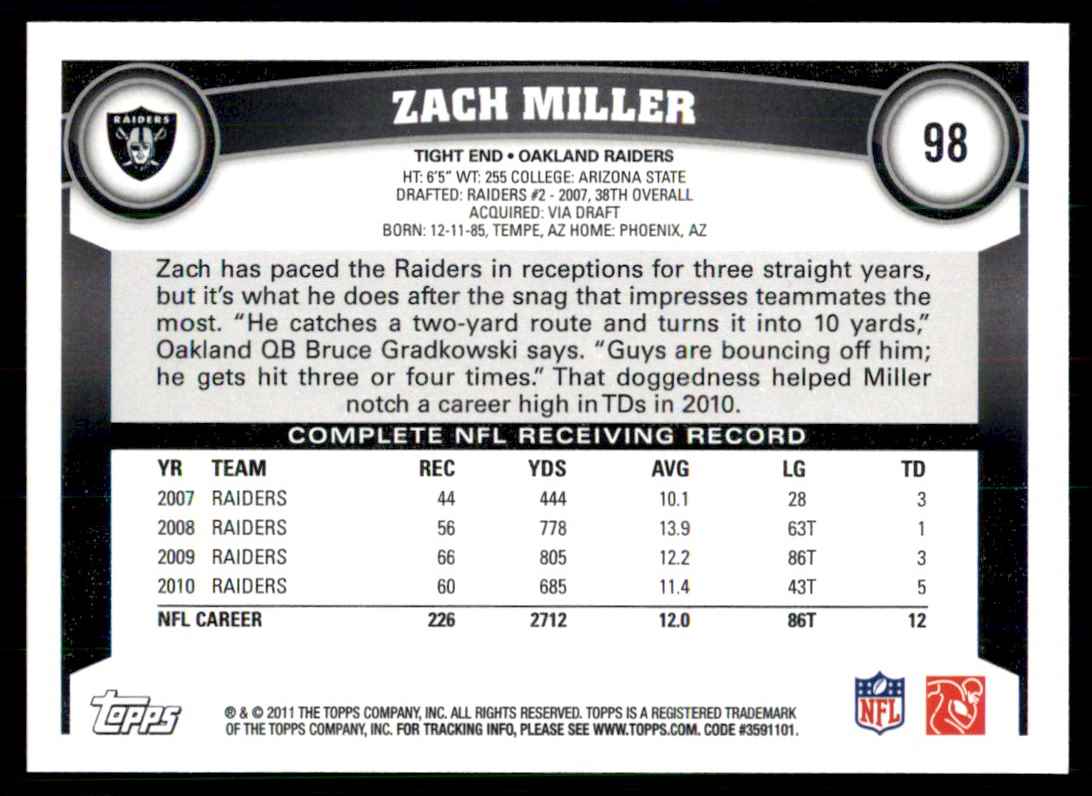 2011 Topps Zach Miller Oakland Raiders #98