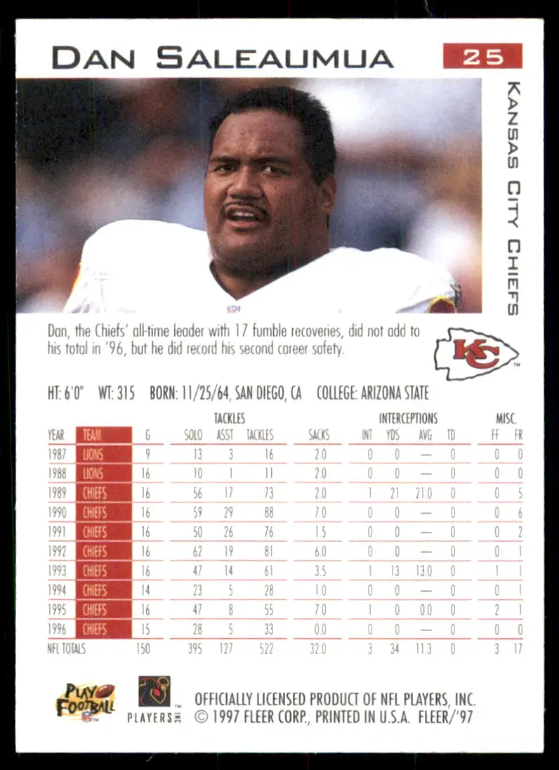 1997 Fleer Dan Saleaumua Kansas City Chiefs #25