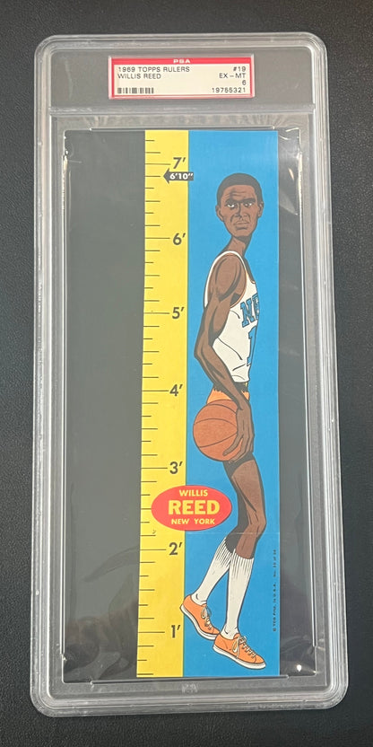 PSA-graded Willis Reed Topps Rulers vintage basketball player growth chart on blue background