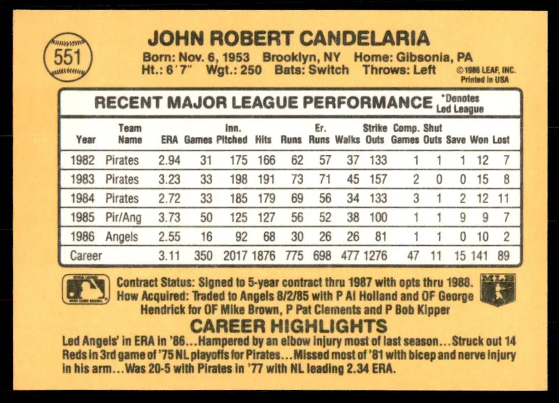 1987 Donruss John Candelaria California Angels #551