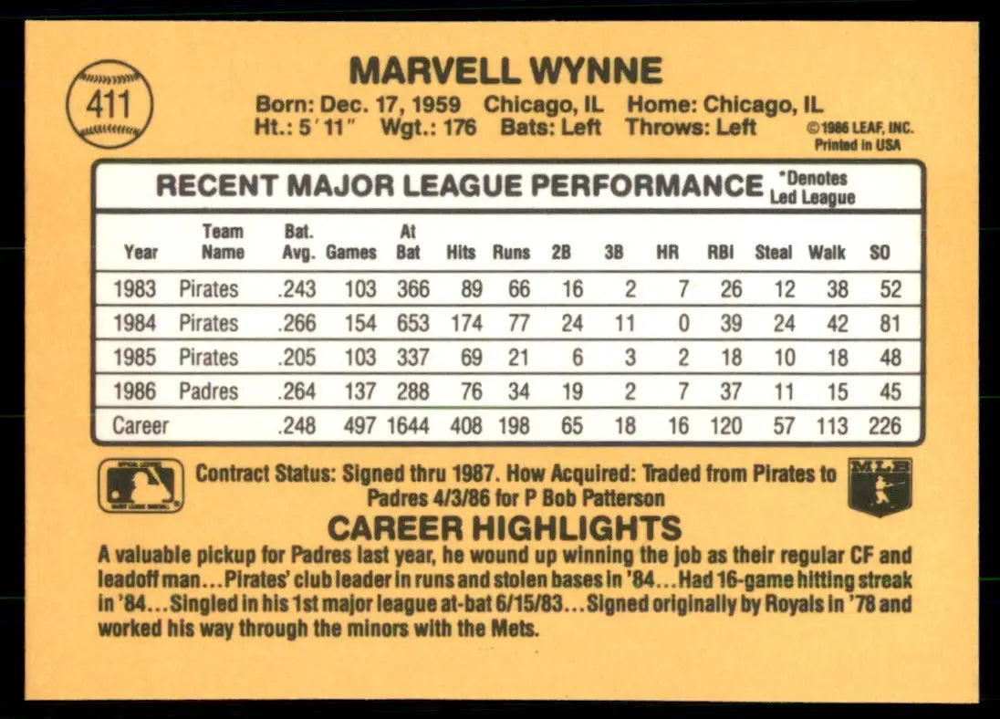 1987 Donruss Marvell Wynne San Diego Padres #411