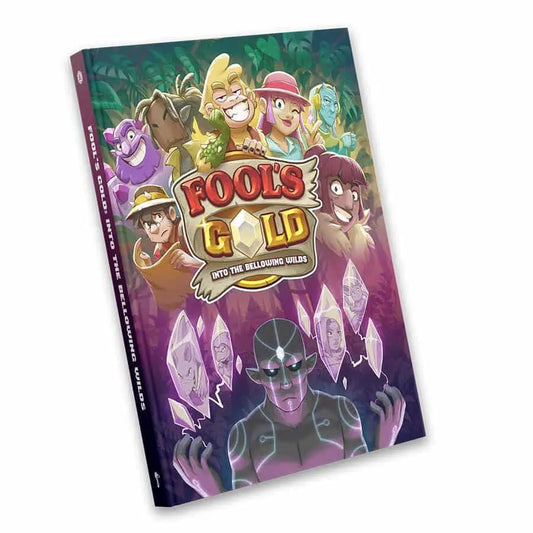 Book cover for 5th Edition Roleplaying Fool’s Gold featuring characters and crystal formations