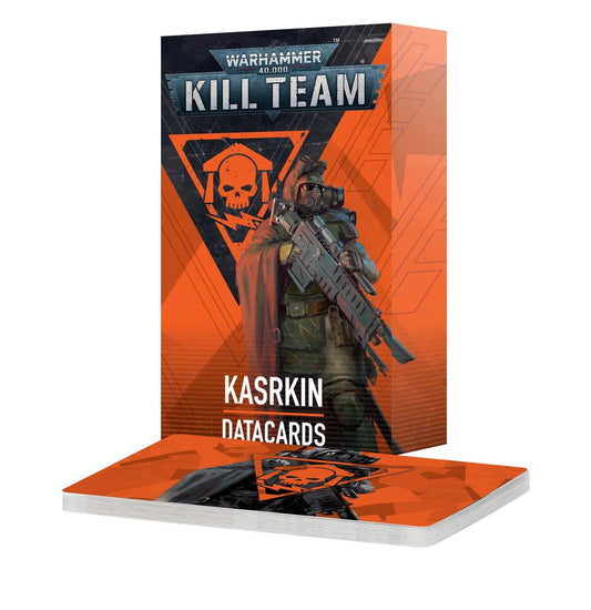 Kill Team Kasrkin datacards pack featuring orange and black packaging for team selection