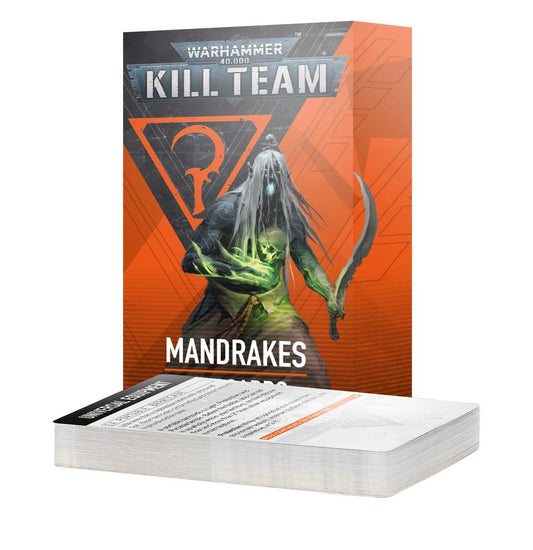 Kill Team: Mandrakes operative datacards featuring a ghostly figure on an orange cover