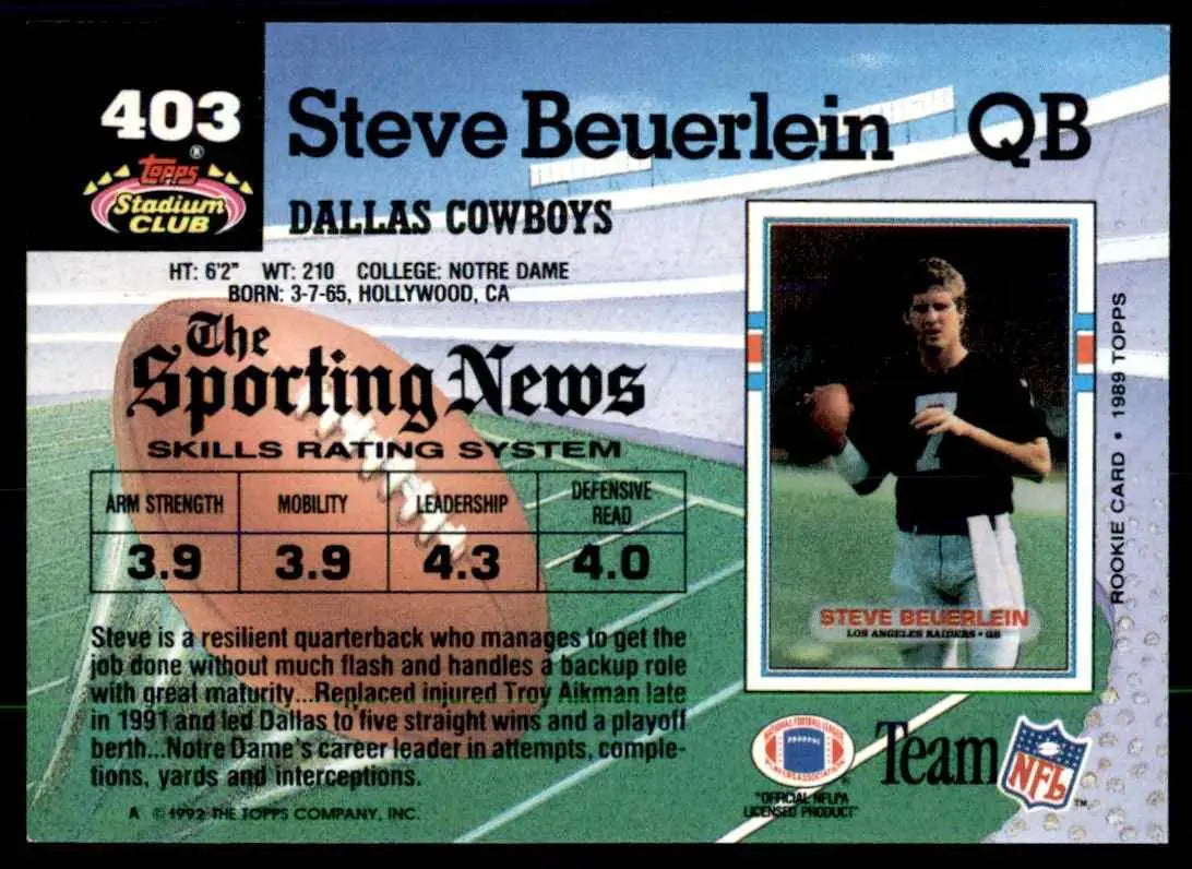 1992 Stadium Club Steve Beuerlein Dallas Cowboys #403