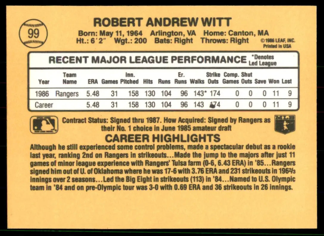 1987 Donruss Bobby Witt Rookie Texas Rangers #99