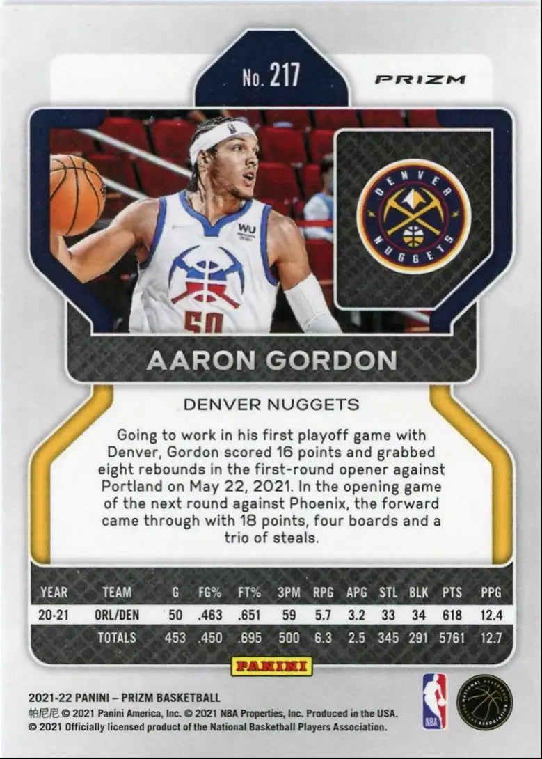 2021-22 Panini Prizm Aaron Gordon Silver Denver Nuggets #217