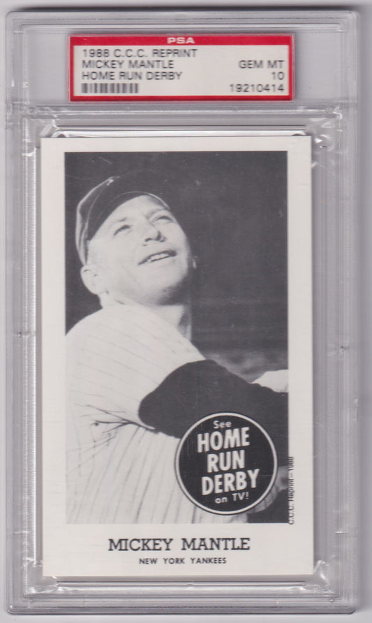 Black and white Mickey Mantle baseball card in case, Columbia Hobby Home Run Reprint