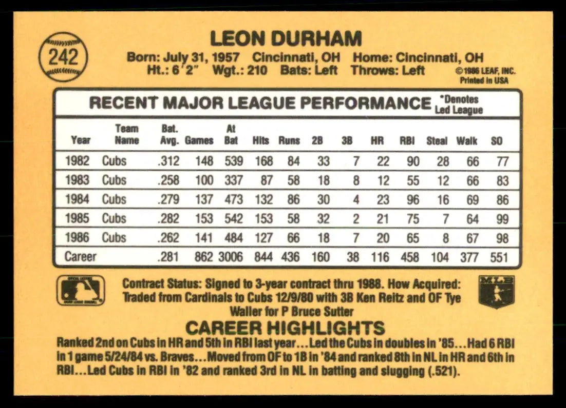 1987 Donruss Leon Durham Chicago Cubs #242