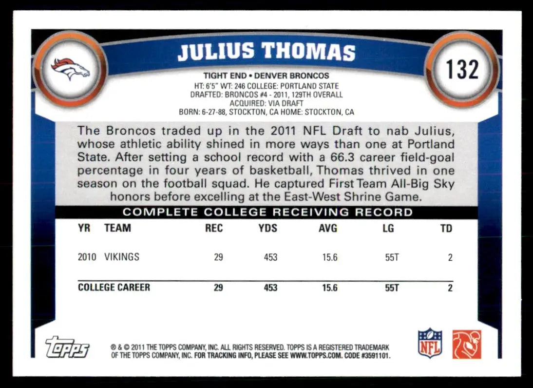 2011 Topps Julius Thomas Rookie Denver Broncos #132