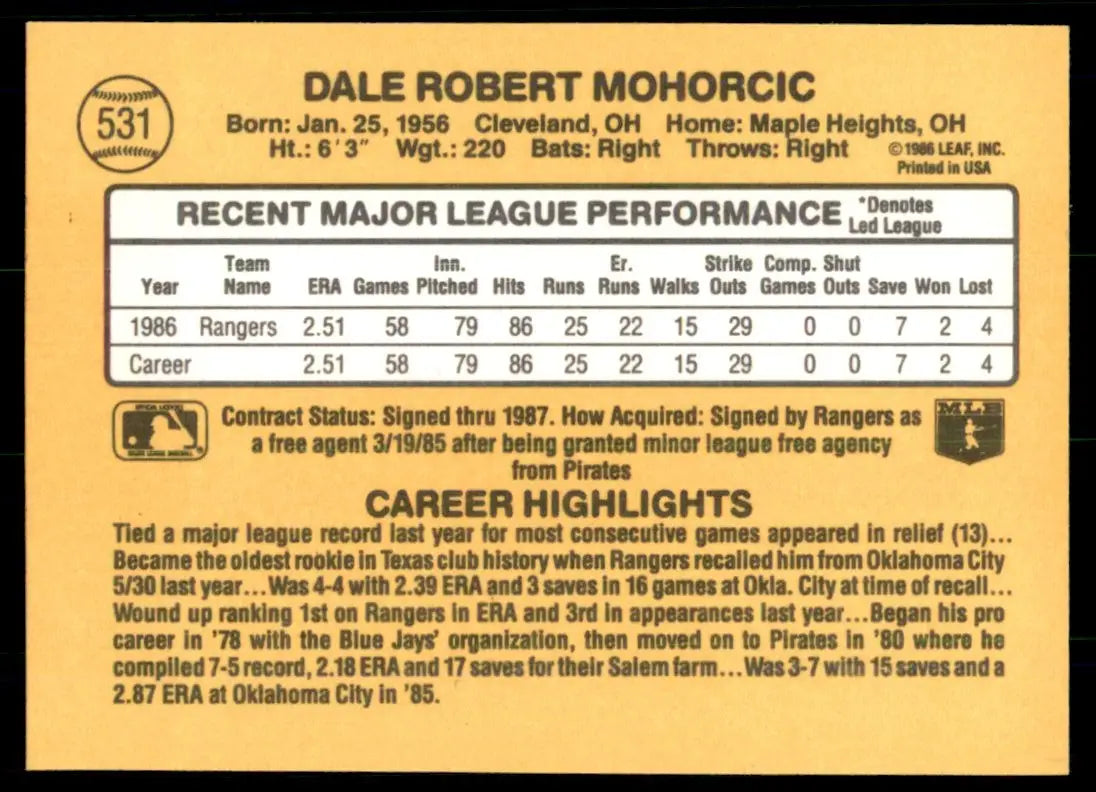 1987 Donruss Dale Mohorcic Rookie Texas Rangers #531