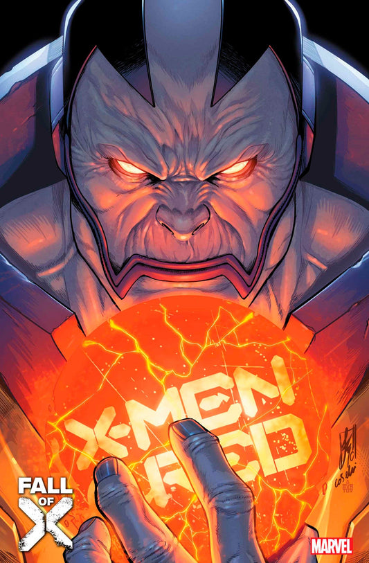 Menacing comic book villain with glowing red eyes in X-Men Red 17 trading cards