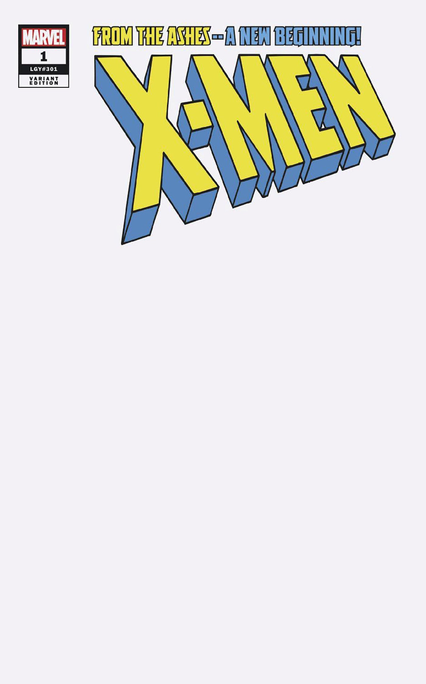 Yellow X-MEN logo on white comic book cover of X-Men #1 Blank Cover Variant for collectors