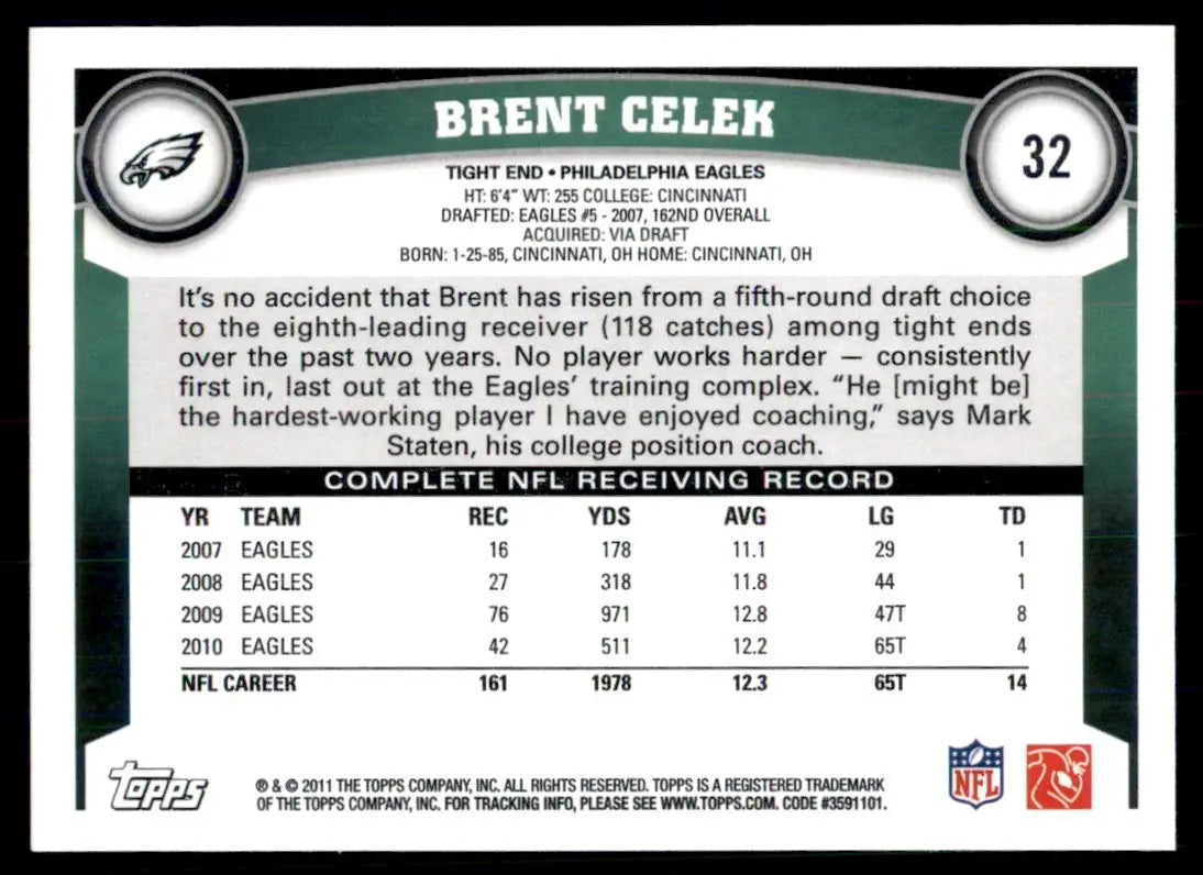 2011 Topps Brent Celek Philadelphia Eagles #32