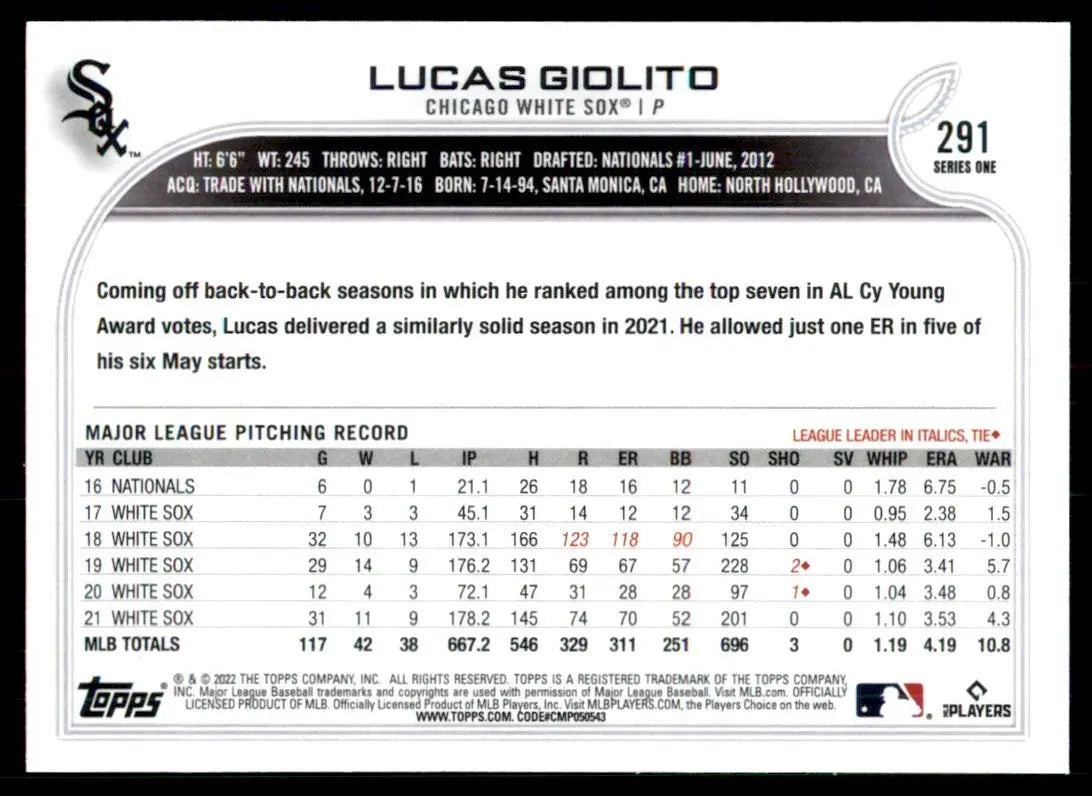 2022 Topps Lucas Giolito Chicago White Sox #291