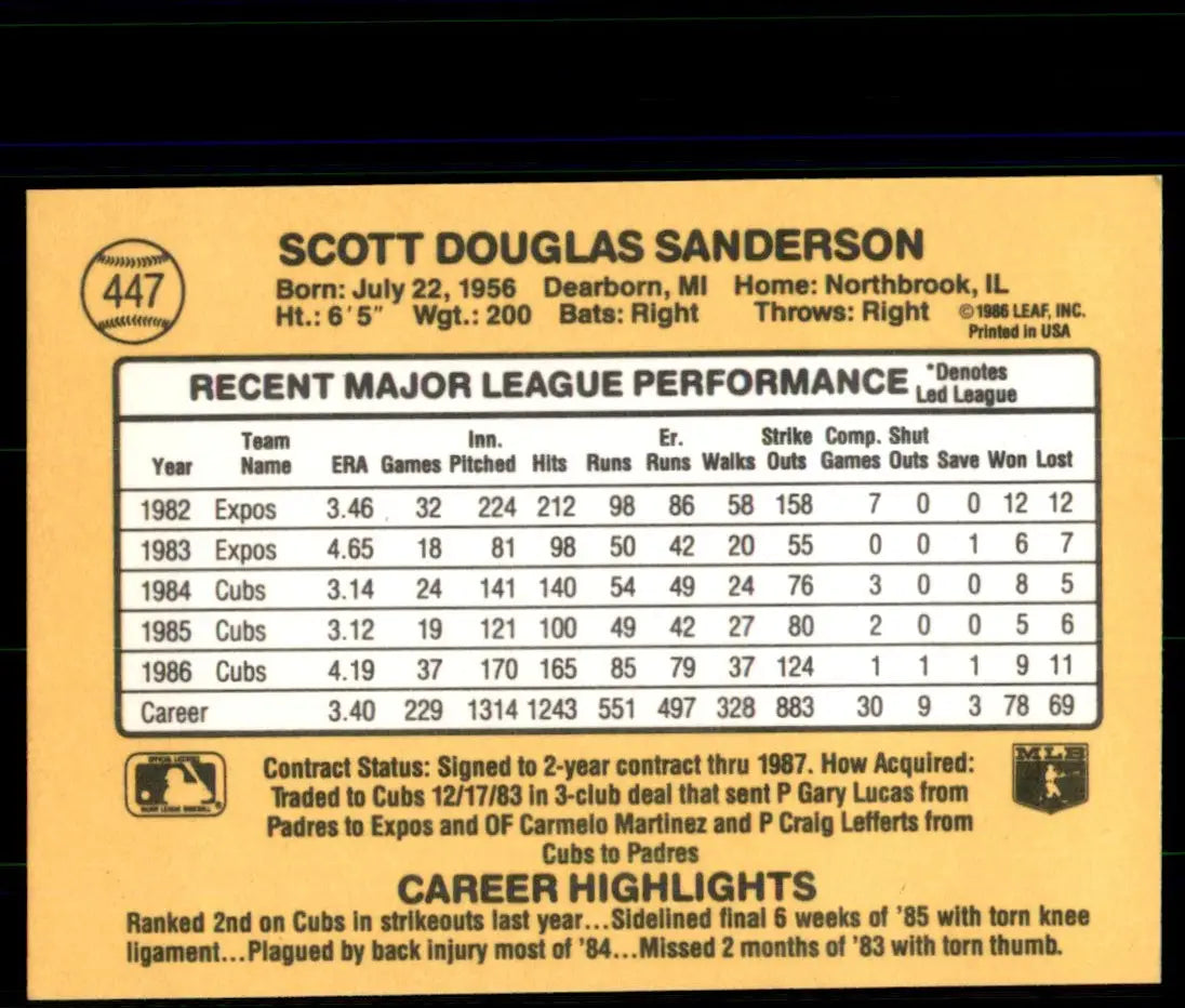 1987 Donruss Scott Sanderson Chicago Cubs #447