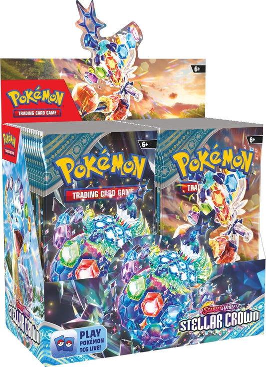 Pokemon Scarlet & Violet Stellar Crown Booster Box with colorful Tera Pokémon artwork