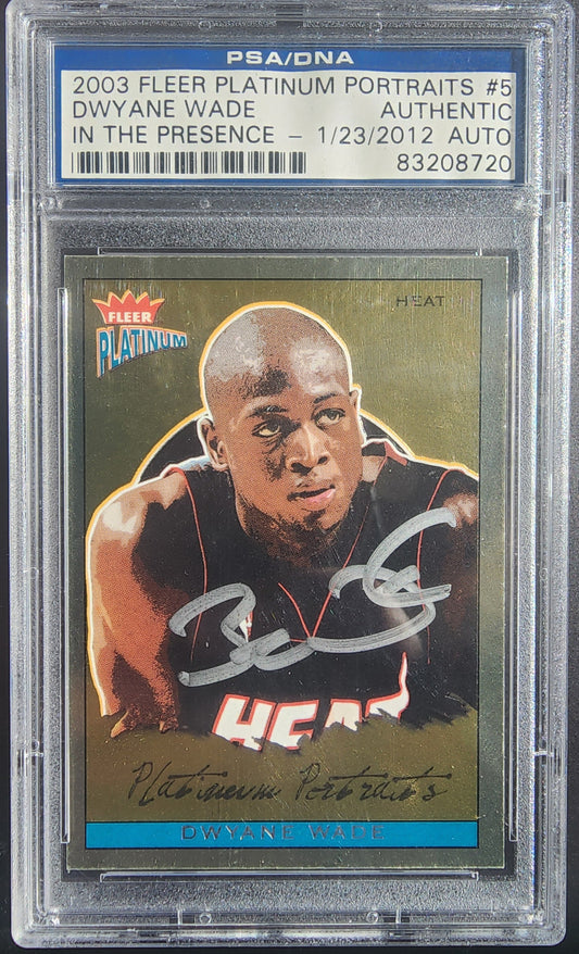 PSA-graded Dwyane Wade 2003 Fleer Platinum Portraits Auto basketball card in black jersey