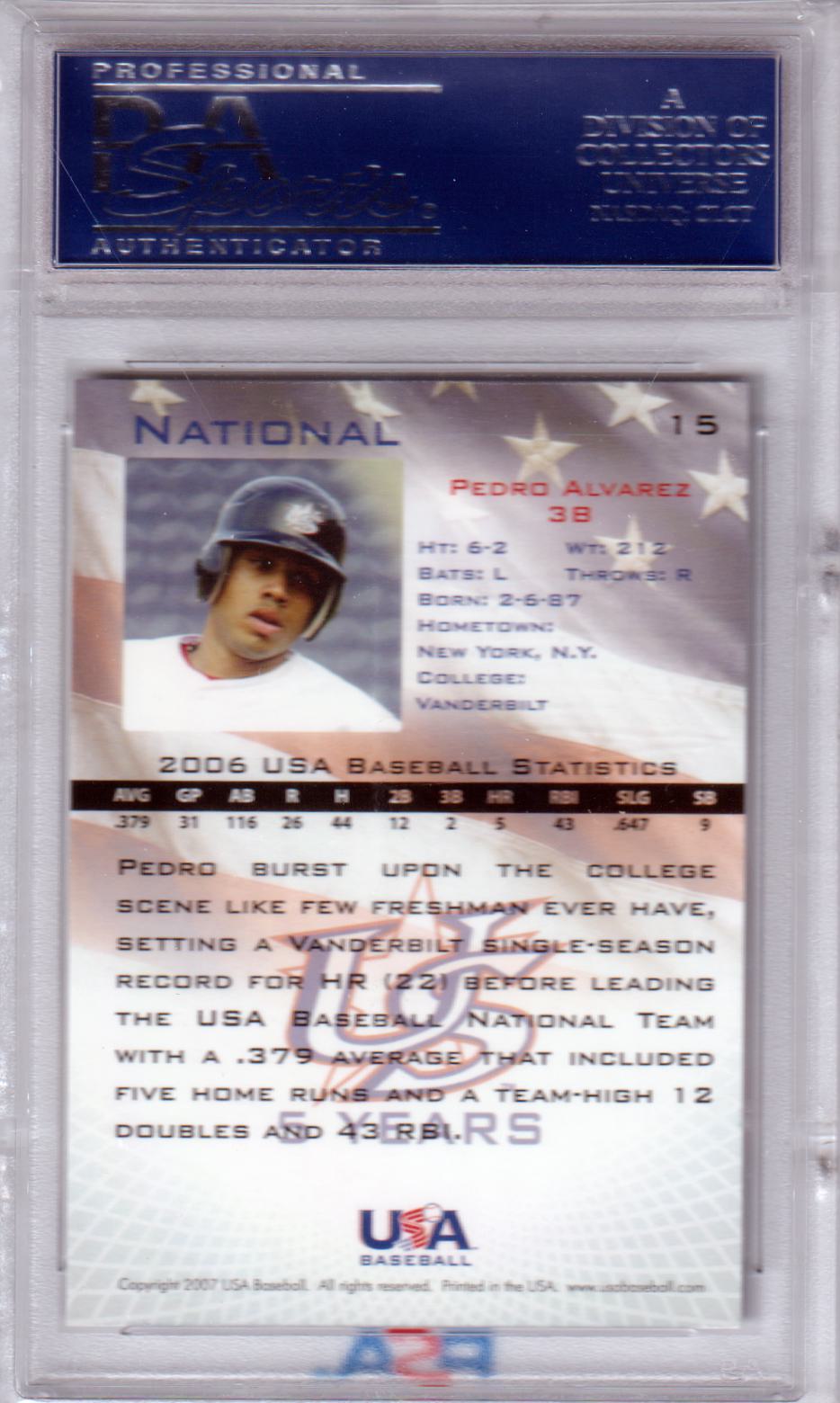 PEDRO ALVAREZ 2006 Usa Baseball RC Rookie #15 PSA 10 GEM MINT - PIRATES Pop 6