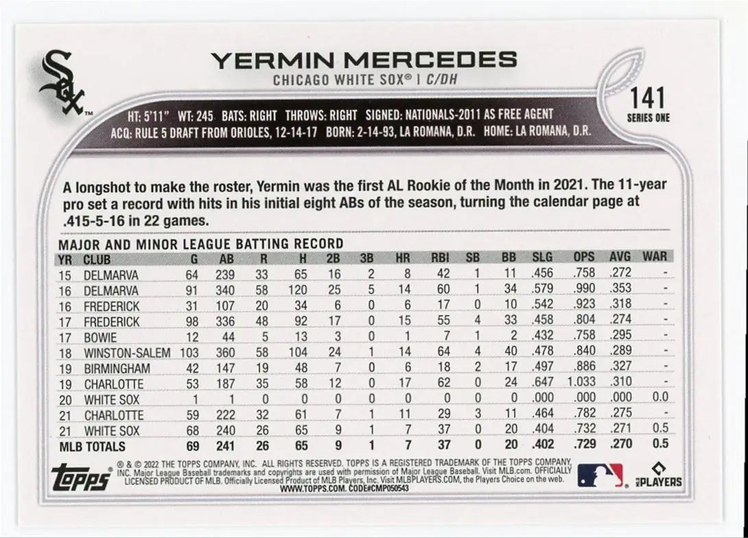 2022 Topps Yermin Mercedes Chicago White Sox #141