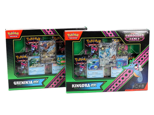 Two Pokemon TCG collector boxes featuring Greninja GX and Kingdra GX from Shrouded Fable