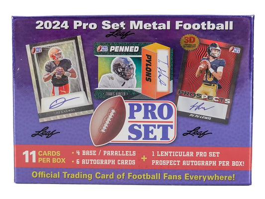 2024 Pro Set Metal Football Hobby Box showcasing autographed cards and lenticular inserts