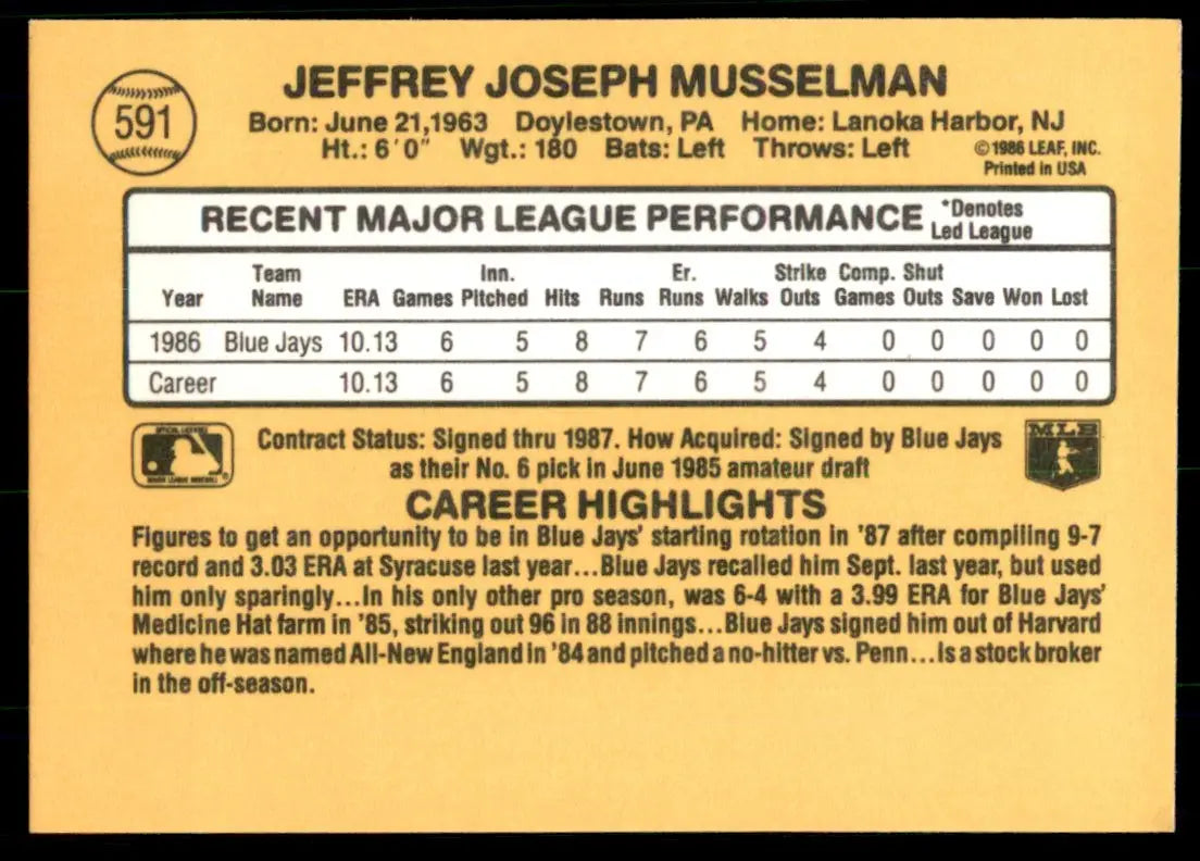 1987 Donruss Jeff Musselman Rookie Toronto Blue Jays #591