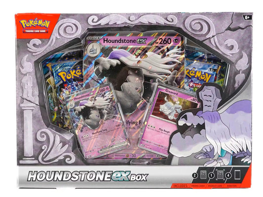 Pokemon Houndstone EX Box with cards featuring Houndstone and a promotional figure