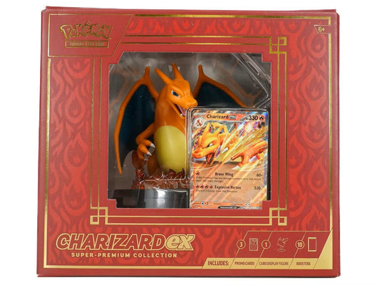 Charizard figure and trading card in red-bordered Pokemon TCG collector’s box