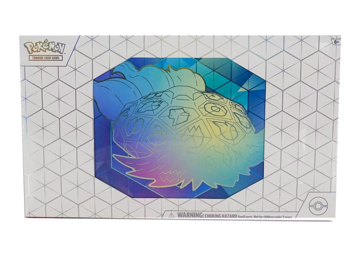 Holographic Pokémon trading card storage box with geometric patterns for promo card featuring Terapagos ex