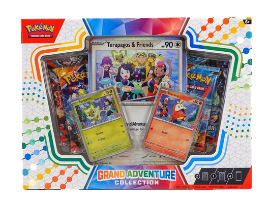 Pokemon Grand Adventure Collection Box showcasing various Pokemon cards and card packs