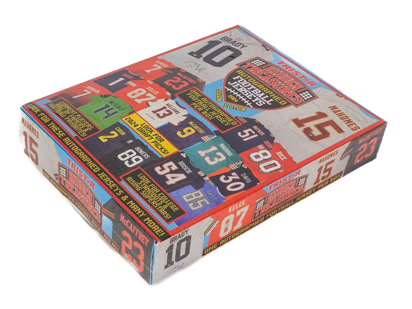 Box of TriStar Hidden Treasures autographed football jerseys with colorful packaging design