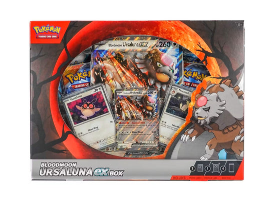 Pokemon Bloodmoon Ursaluna ex Box showcasing themed cards and artwork of Ursaluna GX