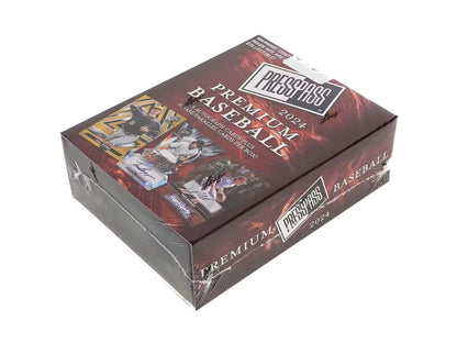 Sealed box of Press Pass Premium Baseball cards with dark red design for 2024 Hobby Box