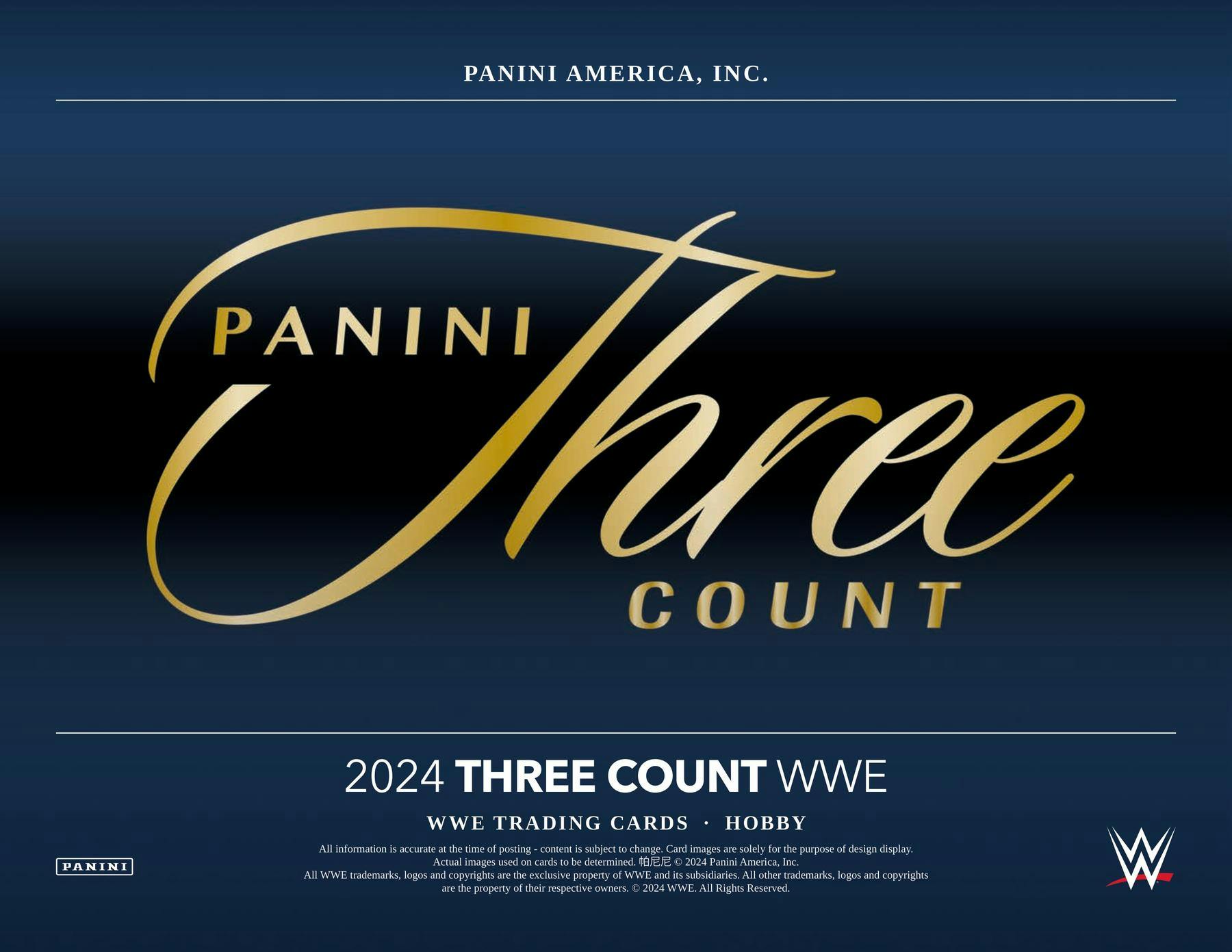 Gold Panini Three Count logo for 2024 WWE Trading Cards featuring timeless moments