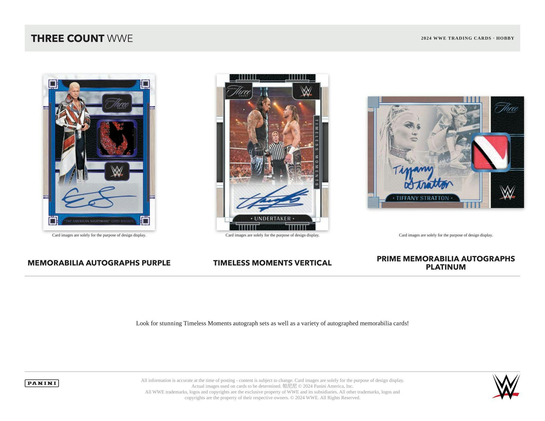 Product sell sheet showcasing WWE trading card autographs from 2024 Panini Three Count