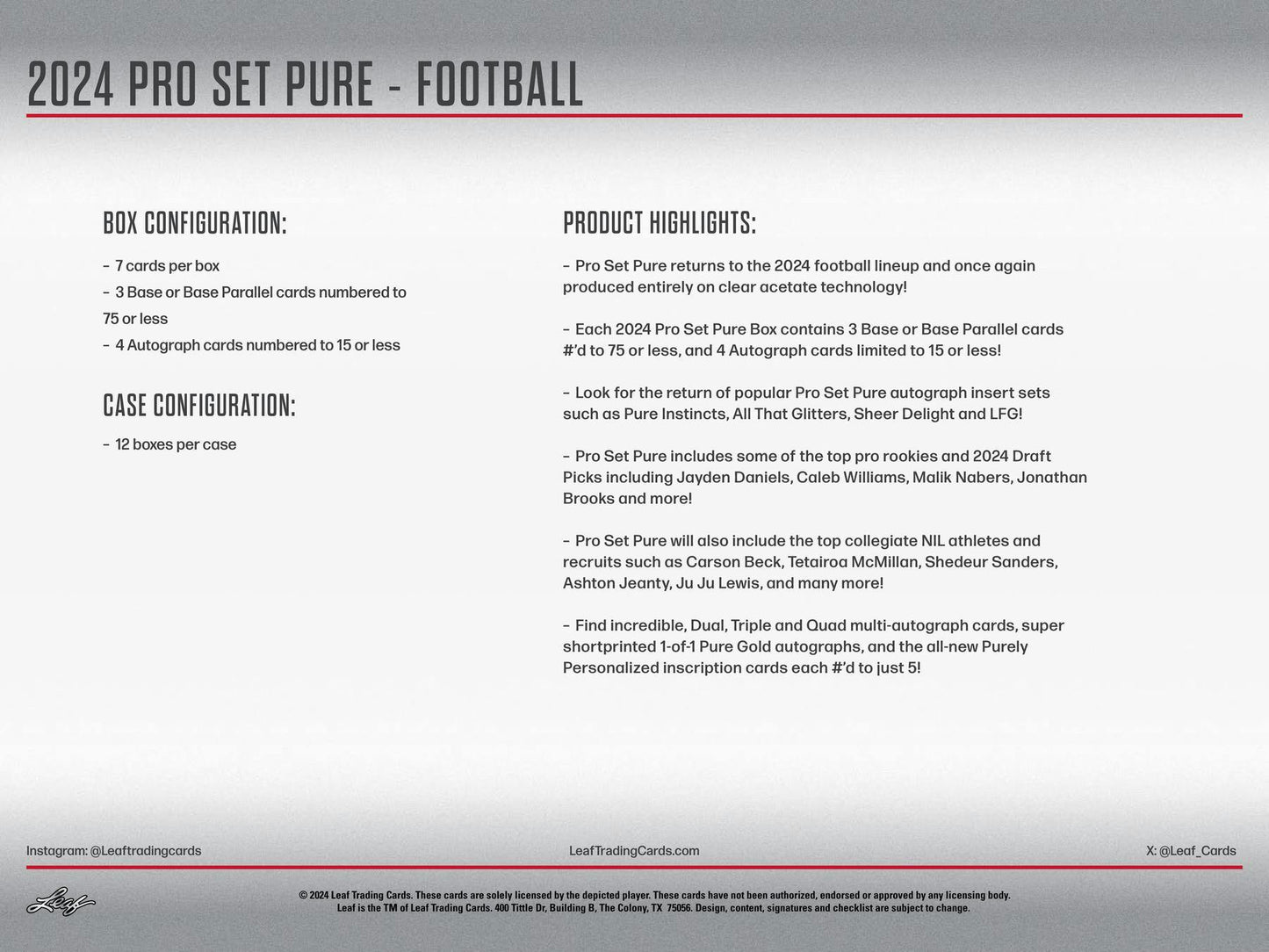 2024 Leaf Pro Set Pure Football Hobby Box