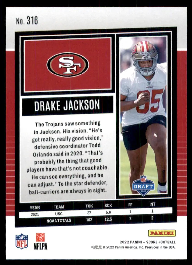 2022 Score Drake Jackson Rookie San Francisco 49ers #316