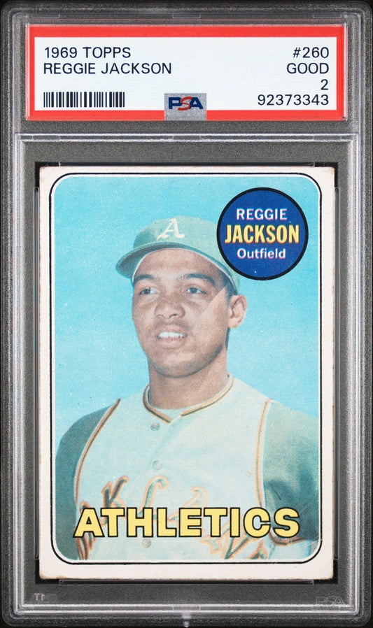 PSA-graded 1969 Topps Athletics Baseball Card #200 Reggie Jackson in protective holder