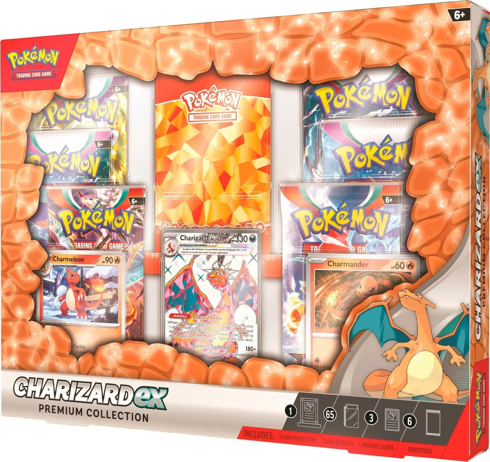 Charizard GX Premium Collection box with booster packs and Pokemon TCG card sleeves