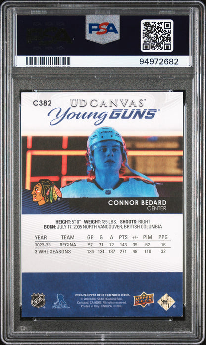 Connor Bedard 2023 Upper Deck Canvas #C382 PSA 9 Mint hockey card featuring Chicago Blackhawks