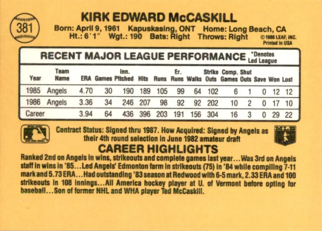 Baseball card featuring Kirk McCaskill player stats and highlights from the 1980s