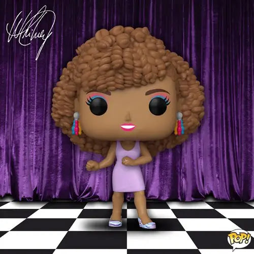 Whitney Houston Funko Pop in purple dress with earrings and curly afro hairstyle